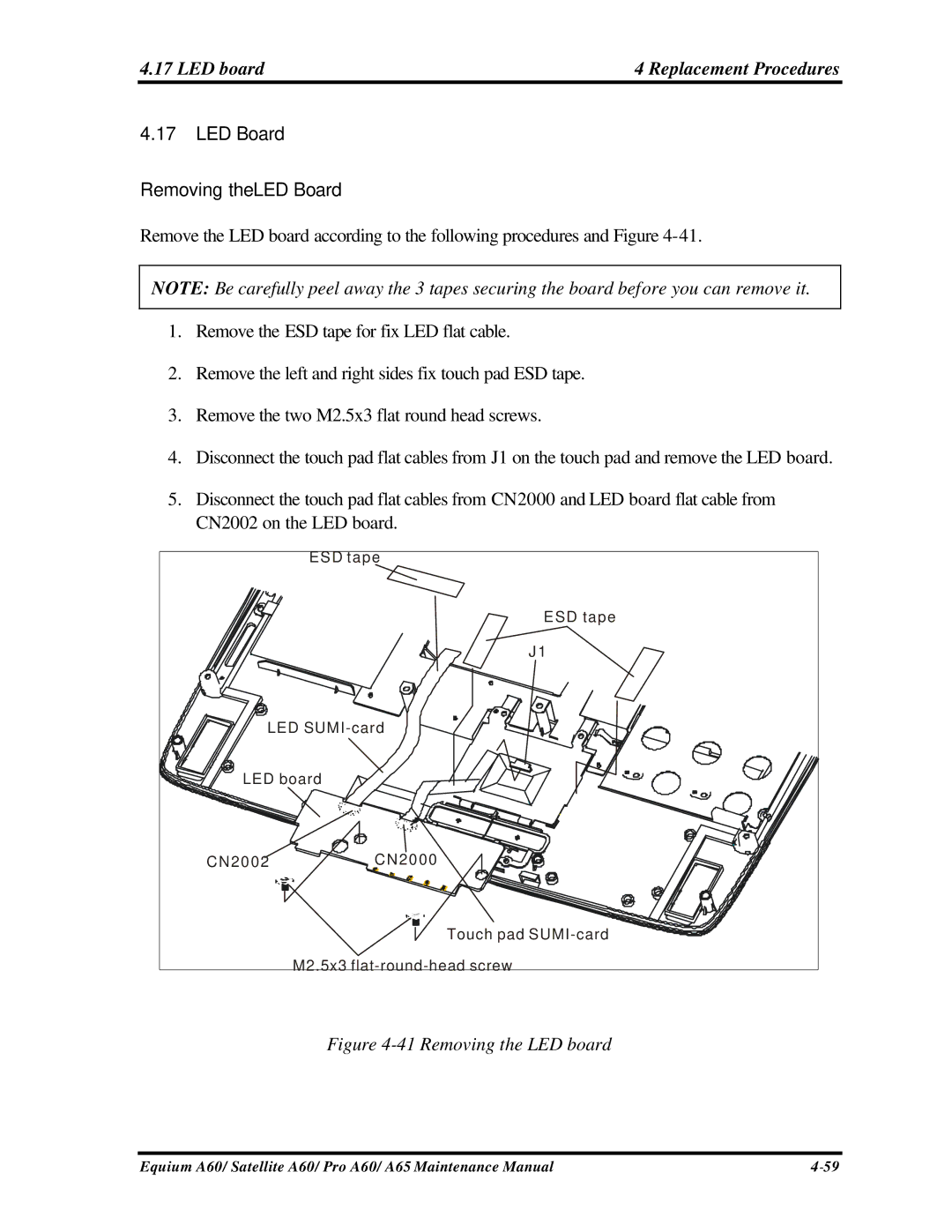 Toshiba SATELLITE A60, A65, PRO A60 manual LED board Replacement Procedures, LED Board Removing the LED Board 