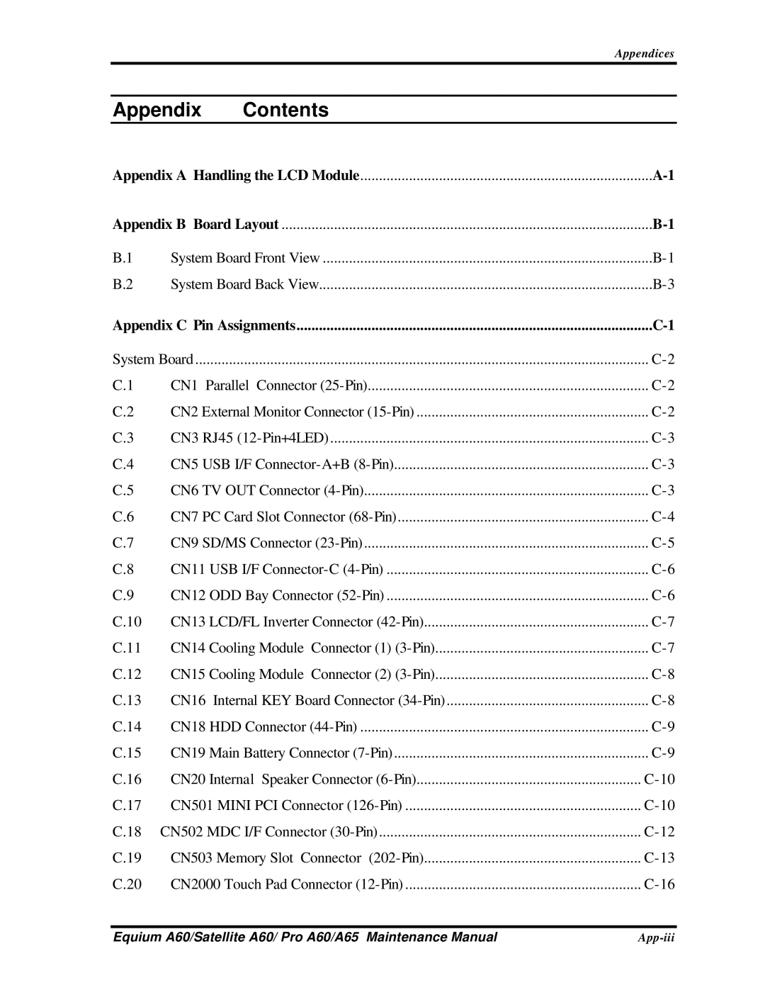 Toshiba PRO A60, A65, SATELLITE A60 manual Appendix Contents 