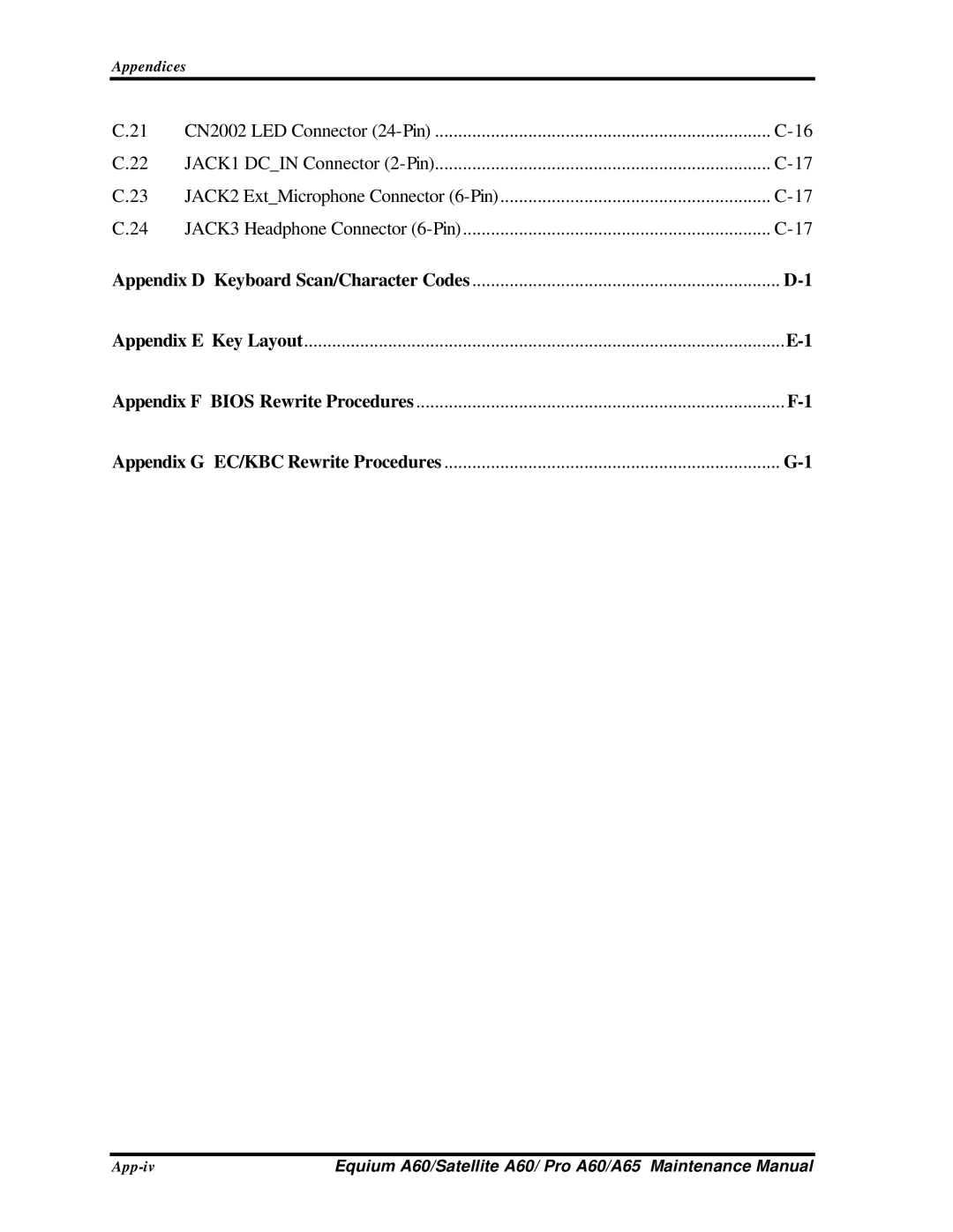 Toshiba SATELLITE A60, A65, PRO A60 manual Appendix D Keyboard Scan/Character Codes 