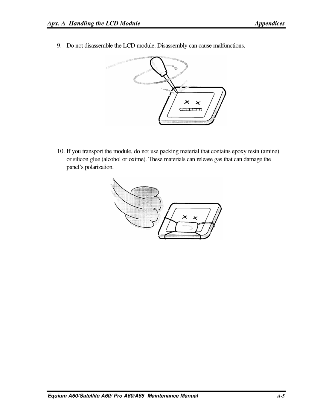 Toshiba A65, PRO A60, SATELLITE A60 manual Apx. a Handling the LCD Module Appendices 