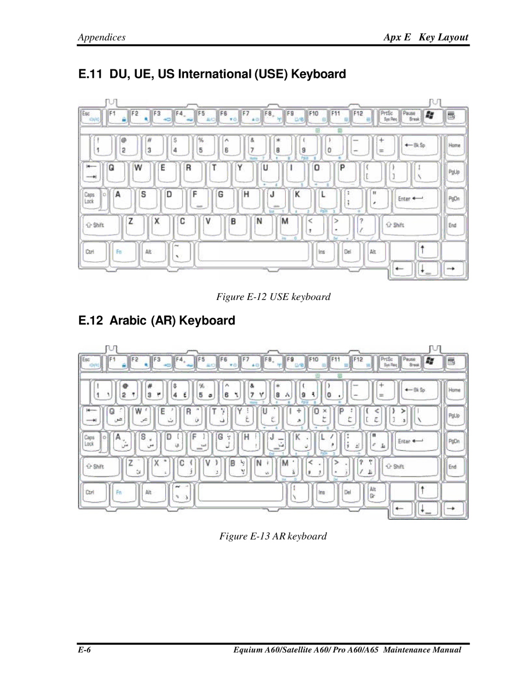 Toshiba SATELLITE A60, A65, PRO A60 manual 11 DU, UE, US International USE Keyboard, Arabic AR Keyboard 