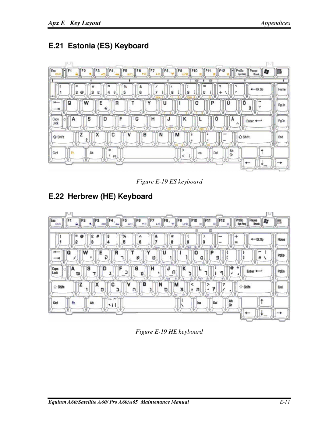 Toshiba PRO A60, A65, SATELLITE A60 manual Estonia ES Keyboard, Herbrew HE Keyboard 