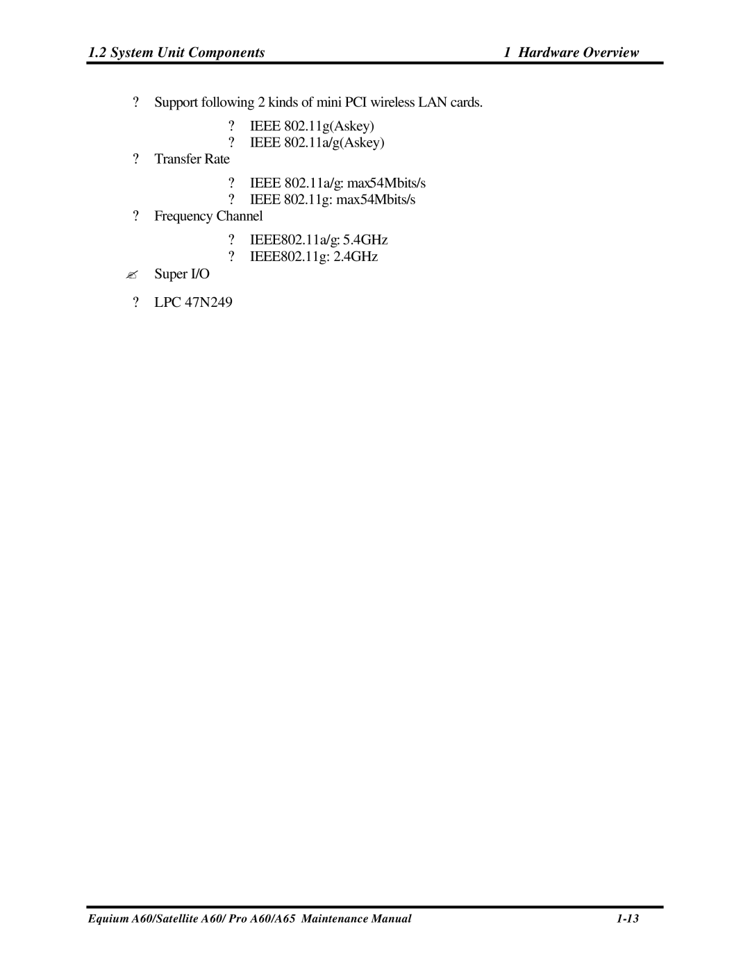 Toshiba A65, PRO A60, SATELLITE A60 manual System Unit Components Hardware Overview 