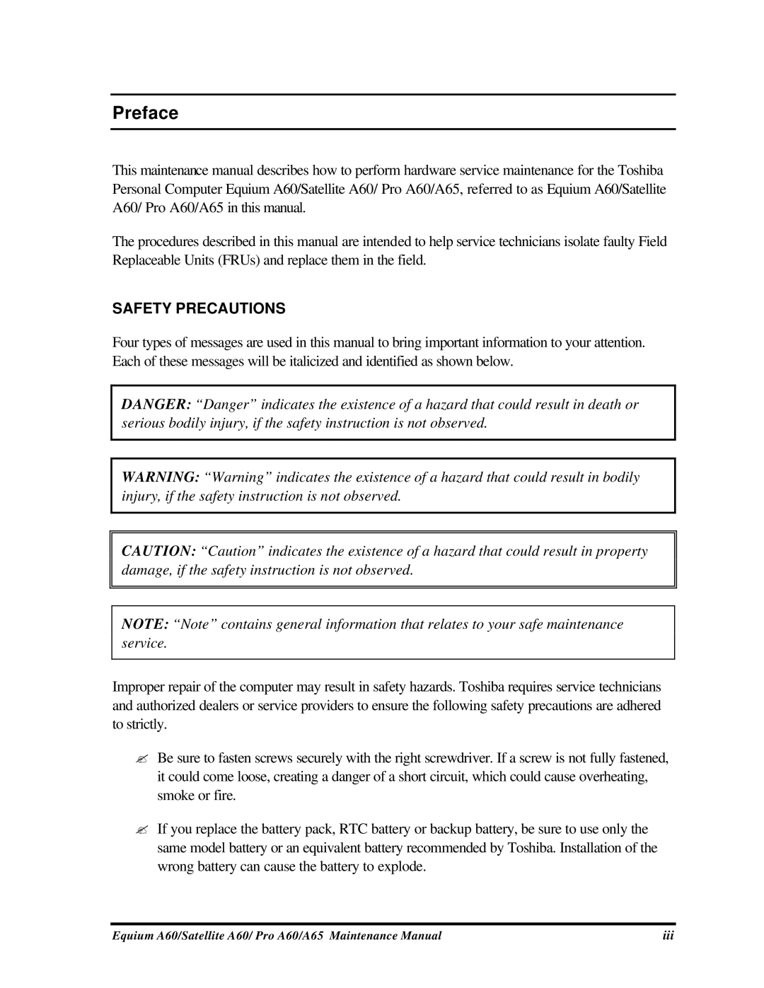 Toshiba A65, PRO A60, SATELLITE A60 manual Preface, Safety Precautions 