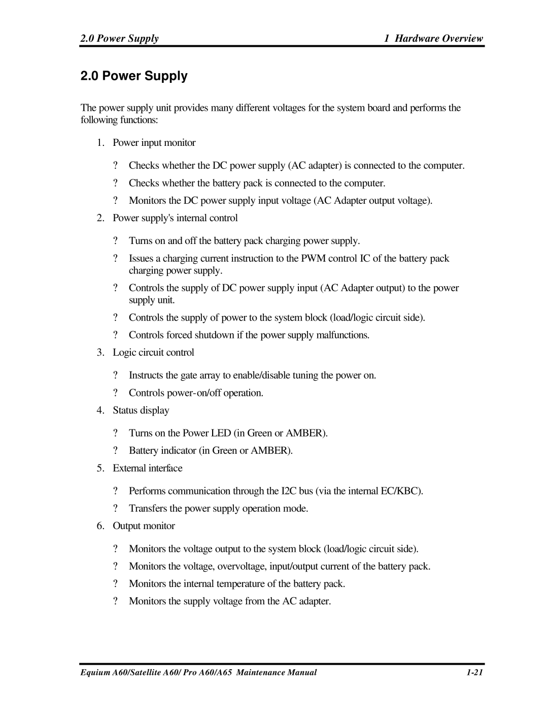 Toshiba SATELLITE A60, A65, PRO A60 manual Power Supply Hardware Overview 