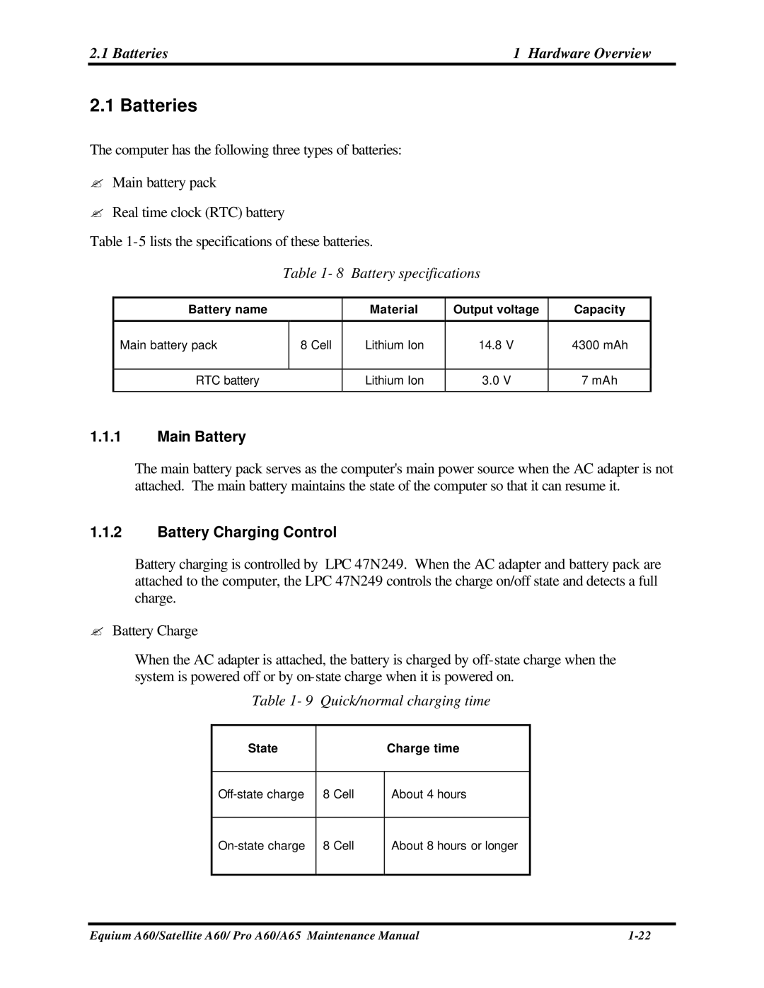 Toshiba A65, PRO A60, SATELLITE A60 manual Batteries Hardware Overview, Main Battery, Battery Charging Control 