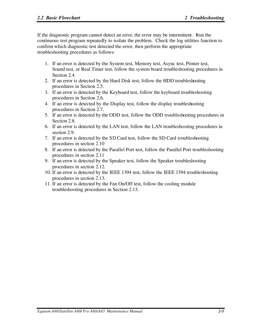 Toshiba PRO A60, A65, SATELLITE A60 manual Basic Flowchart Troubleshooting 