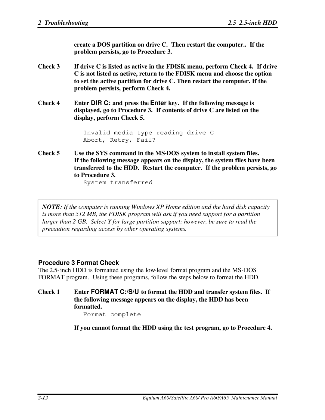 Toshiba SATELLITE A60, A65, PRO A60 manual Troubleshooting 2.5-inch HDD, Procedure 3 Format Check 