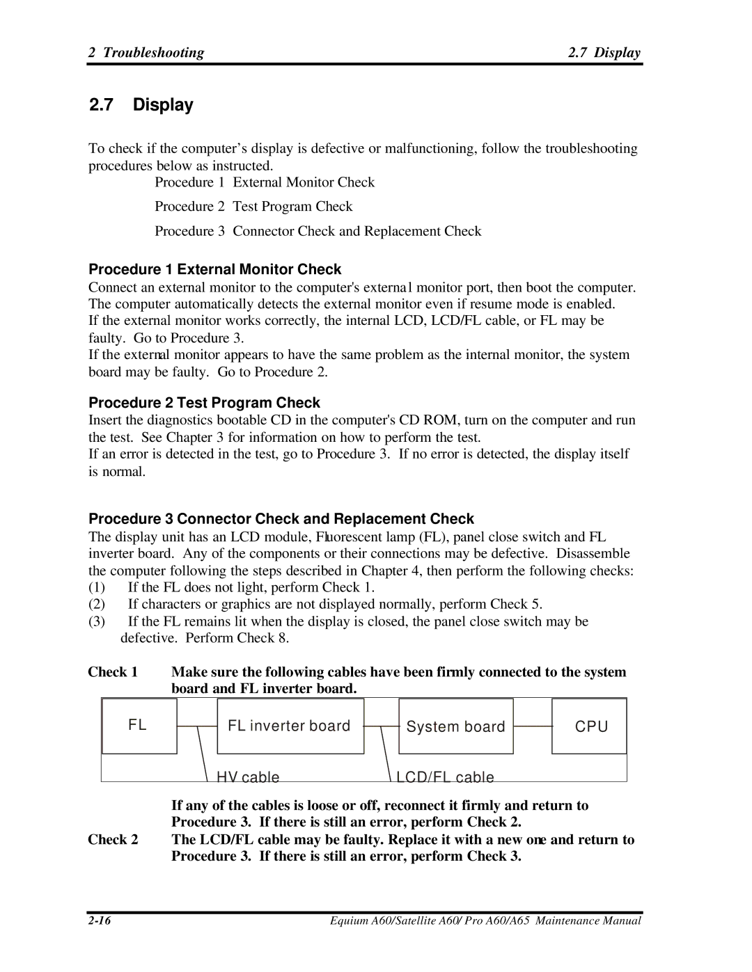 Toshiba A65, PRO A60 manual Troubleshooting Display, Procedure 1 External Monitor Check, Procedure 2 Test Program Check 