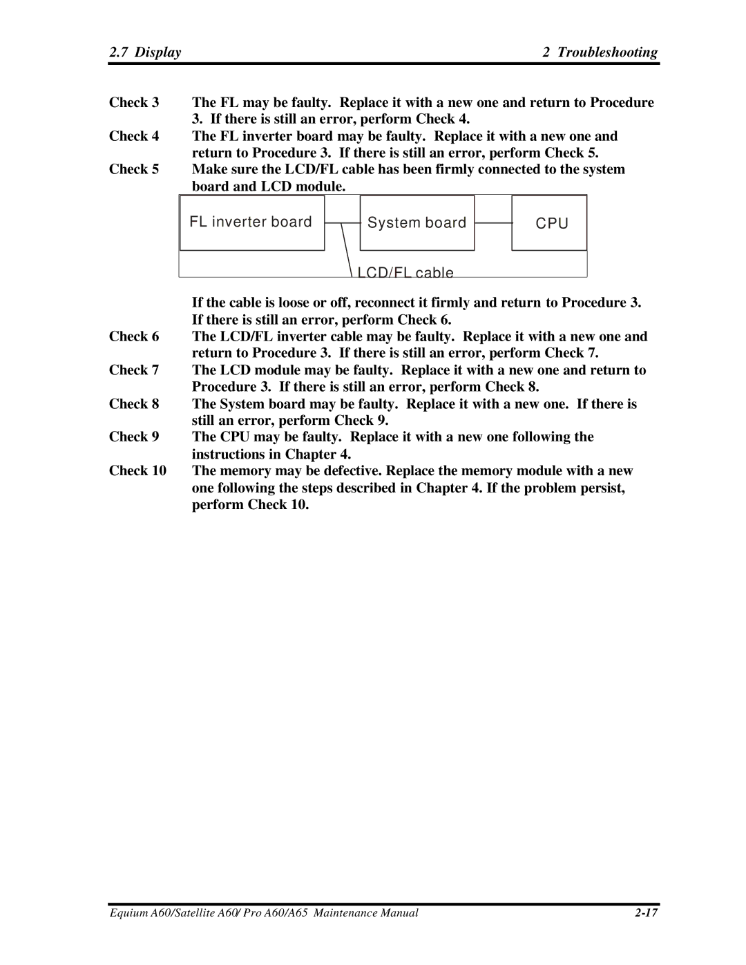 Toshiba PRO A60, A65, SATELLITE A60 manual Display Troubleshooting 