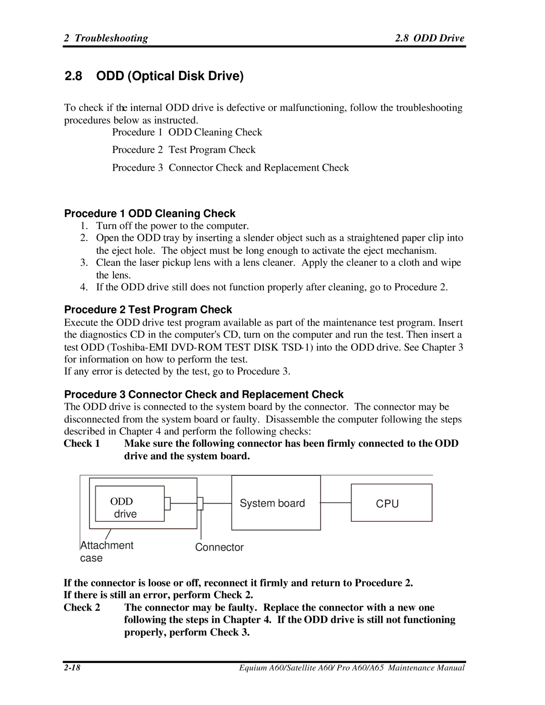 Toshiba SATELLITE A60, A65, PRO A60 manual ODD Optical Disk Drive, Troubleshooting ODD Drive, Procedure 1 ODD Cleaning Check 