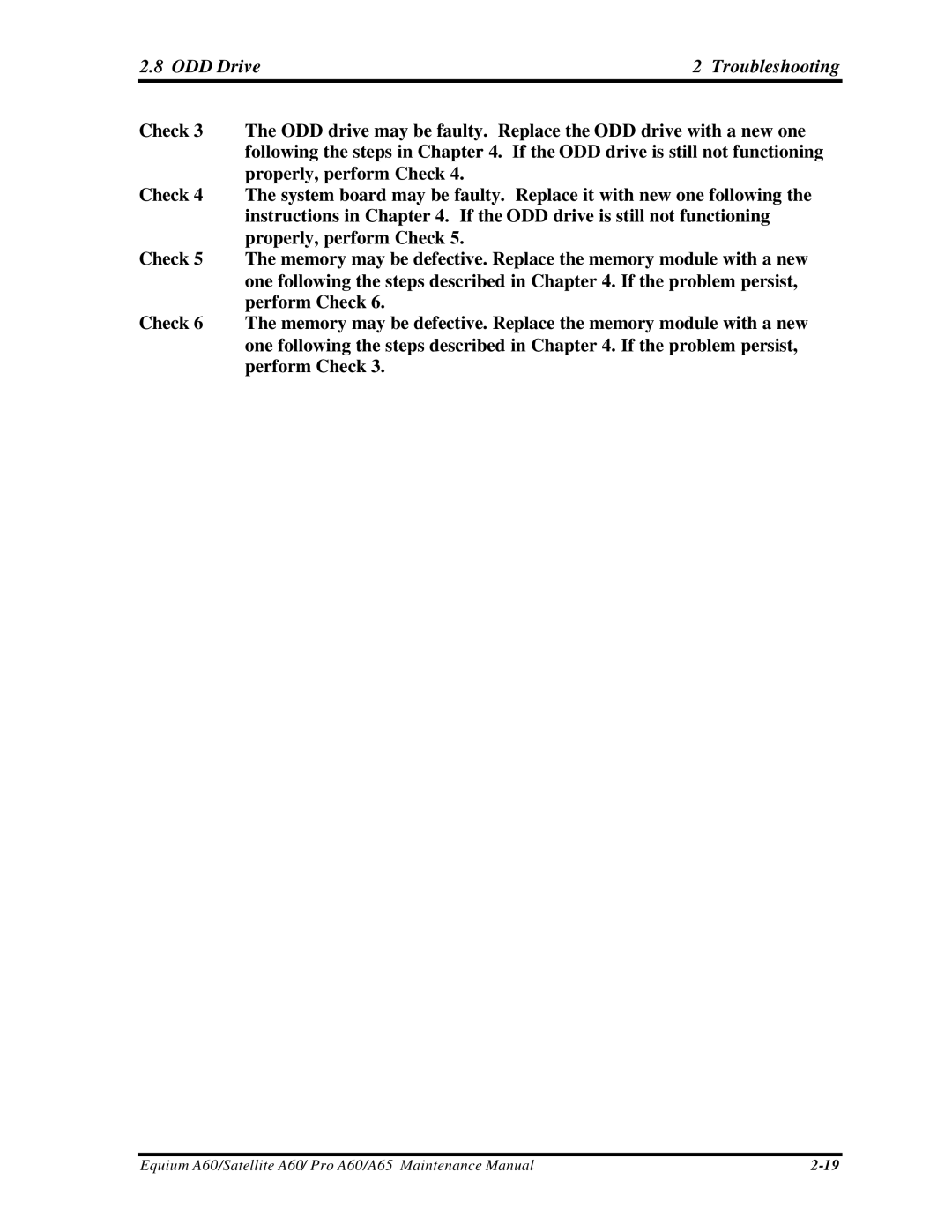 Toshiba A65, PRO A60, SATELLITE A60 manual ODD Drive Troubleshooting 