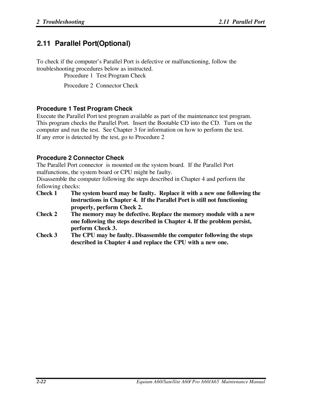 Toshiba A65, PRO A60, SATELLITE A60 manual Parallel PortOptional, Troubleshooting Parallel Port 