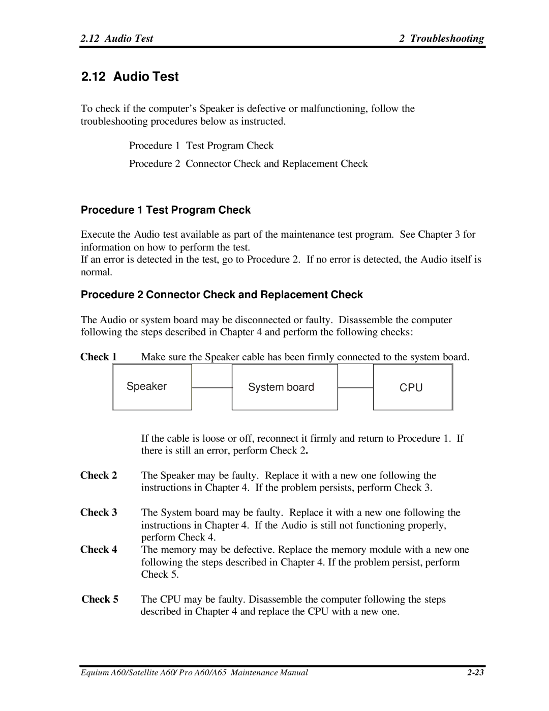 Toshiba PRO A60, A65, SATELLITE A60 manual Audio Test Troubleshooting 