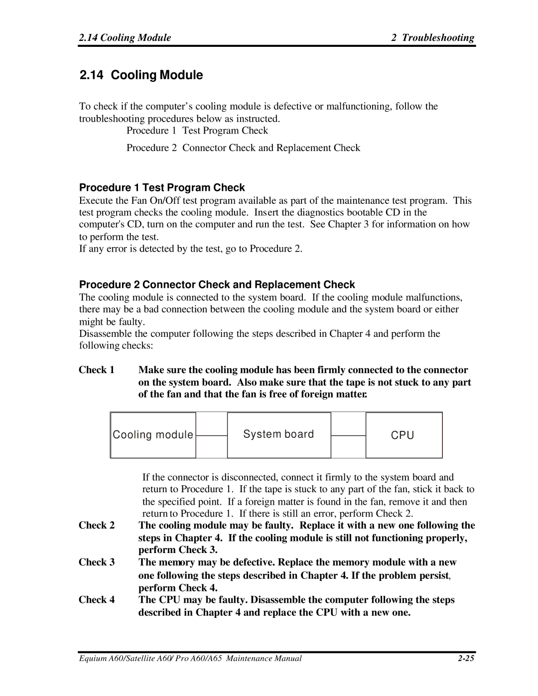 Toshiba A65, PRO A60, SATELLITE A60 manual Cooling Module Troubleshooting 