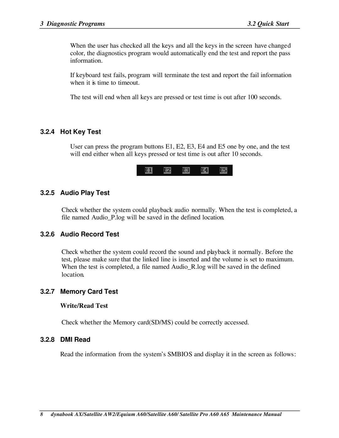 Toshiba A65, PRO A60, SATELLITE A60 manual Hot Key Test, Audio Play Test, Audio Record Test, Memory Card Test, DMI Read 