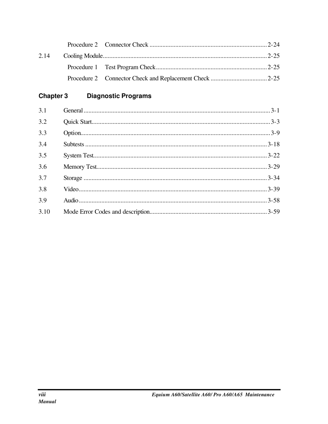 Toshiba SATELLITE A60, A65, PRO A60 manual Chapter Diagnostic Programs 