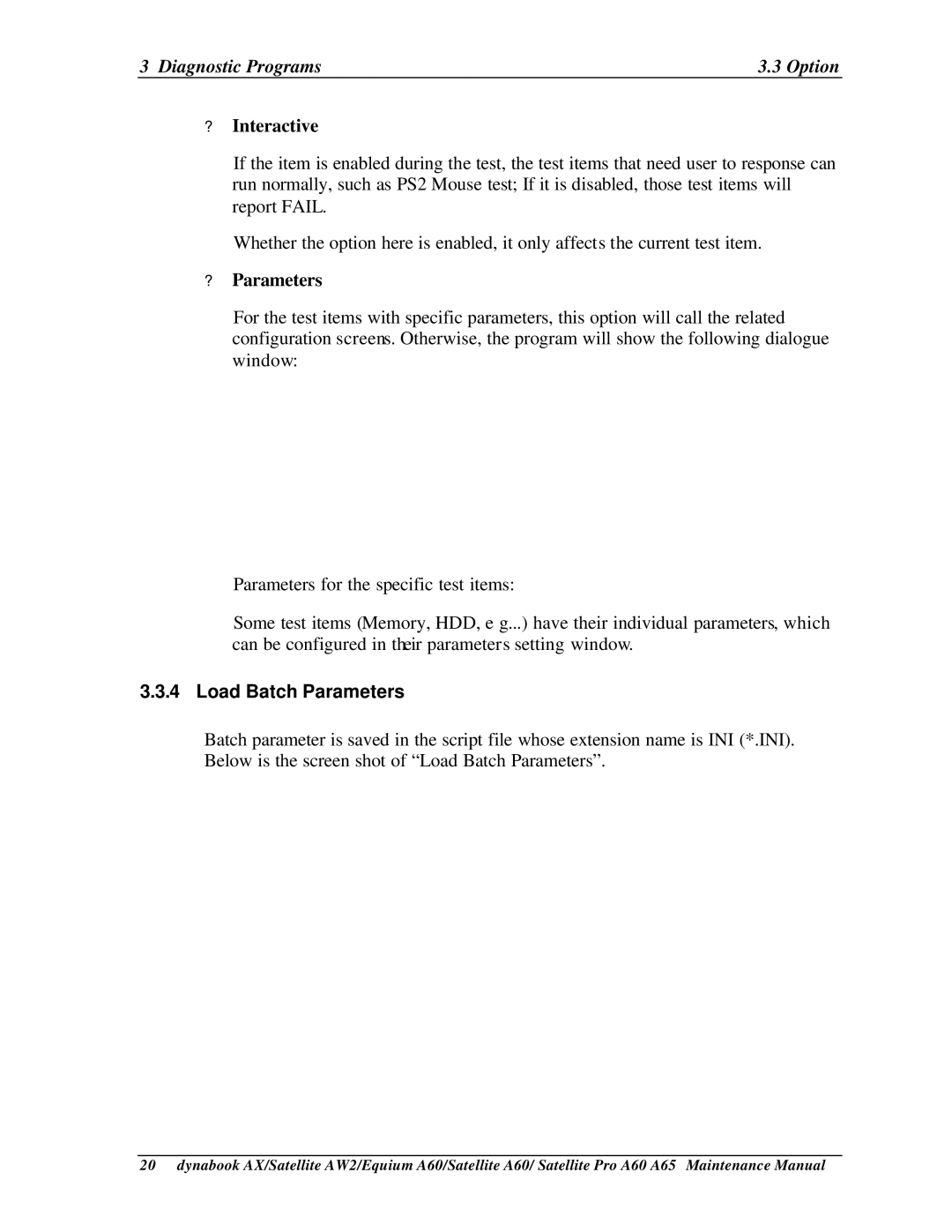 Toshiba A65, PRO A60, SATELLITE A60 manual ? Parameters, Load Batch Parameters 