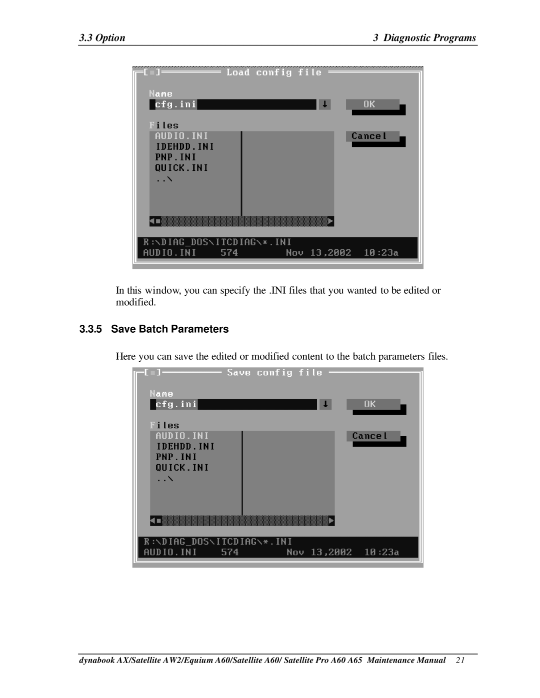 Toshiba PRO A60, A65, SATELLITE A60 manual Save Batch Parameters 