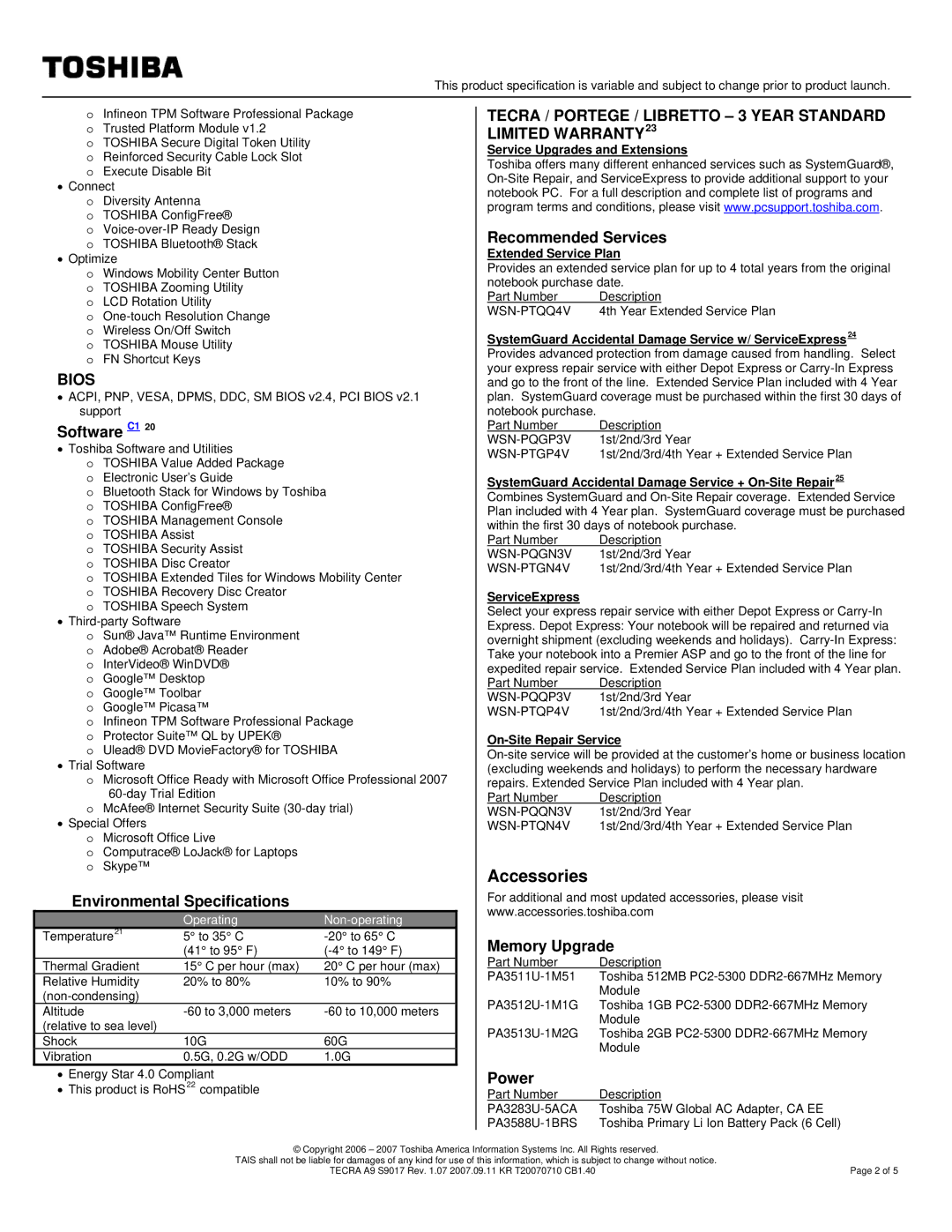 Toshiba A9 S9017 warranty Accessories, Recommended Services, Software C1, Environmental Specifications, Memory Upgrade 