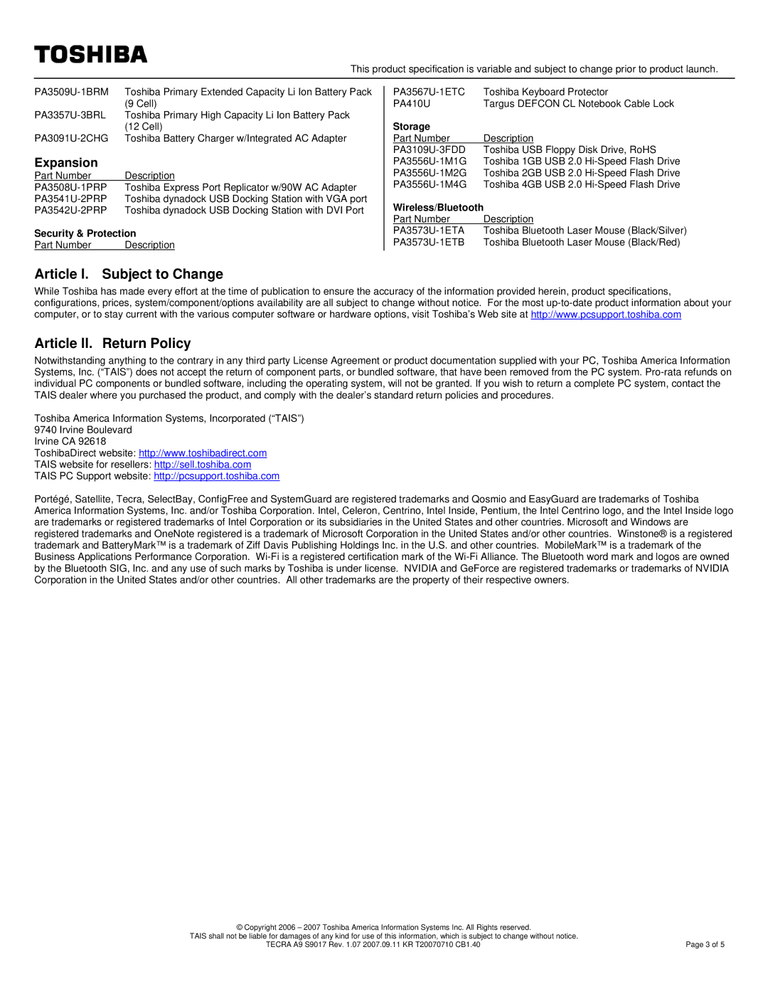 Toshiba A9 S9017 warranty Article I. Subject to Change Article II. Return Policy, Expansion, Security & Protection, Storage 