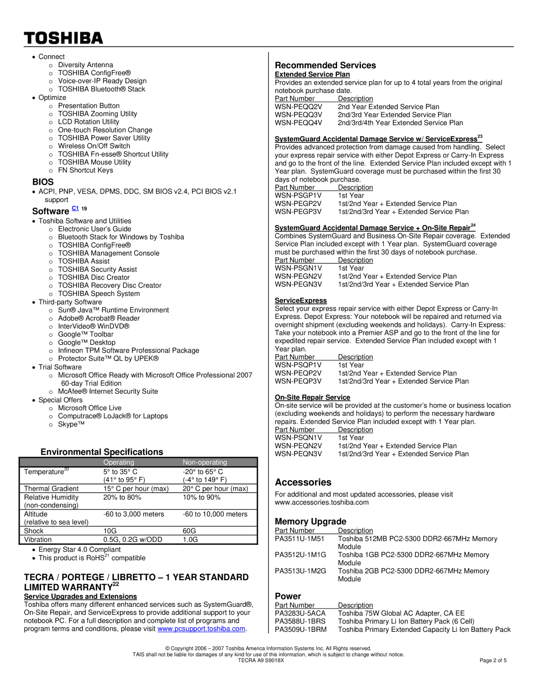 Toshiba A9 warranty Accessories, Software C1, Environmental Specifications, Recommended Services, Memory Upgrade 