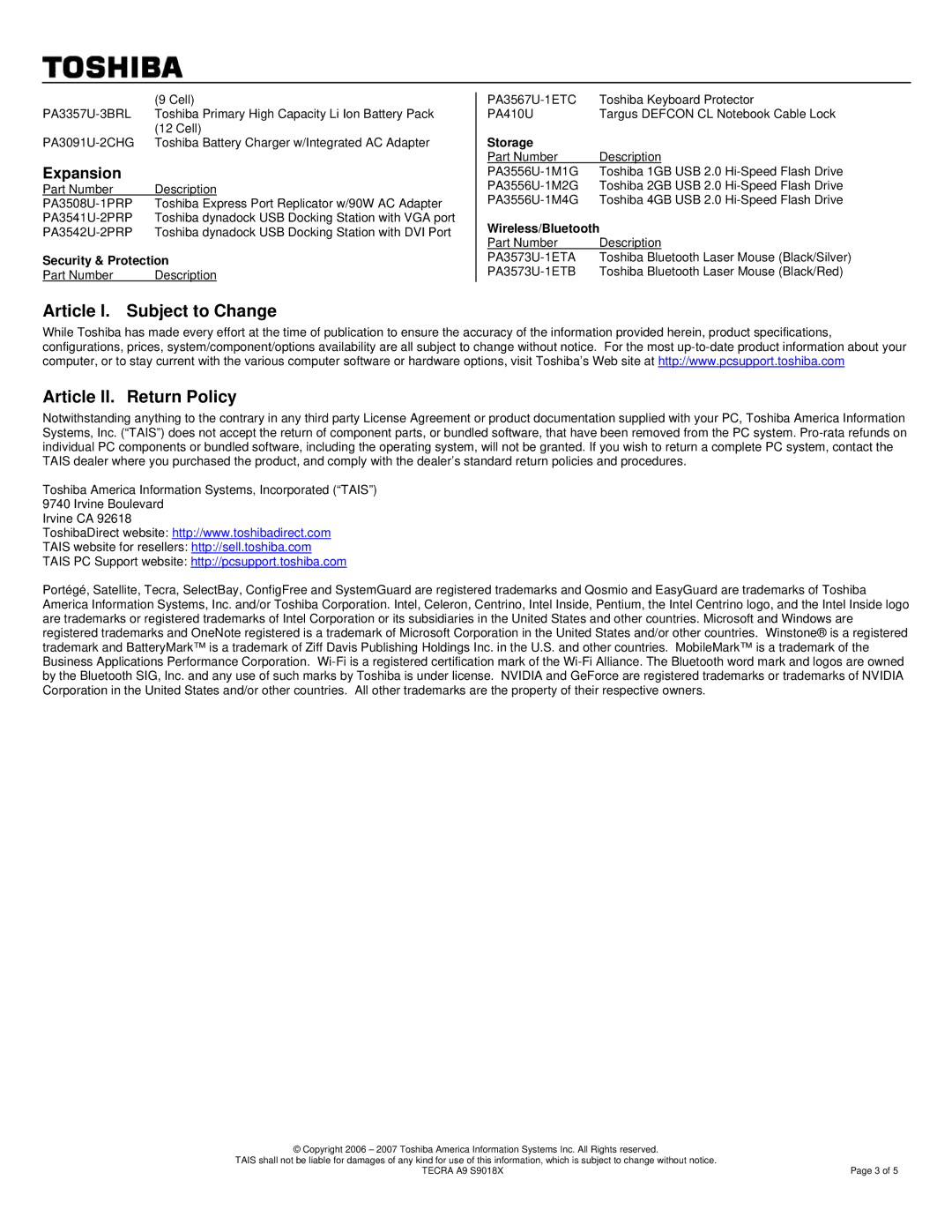 Toshiba A9 warranty Article I. Subject to Change Article II. Return Policy, Expansion, Security & Protection, Storage 