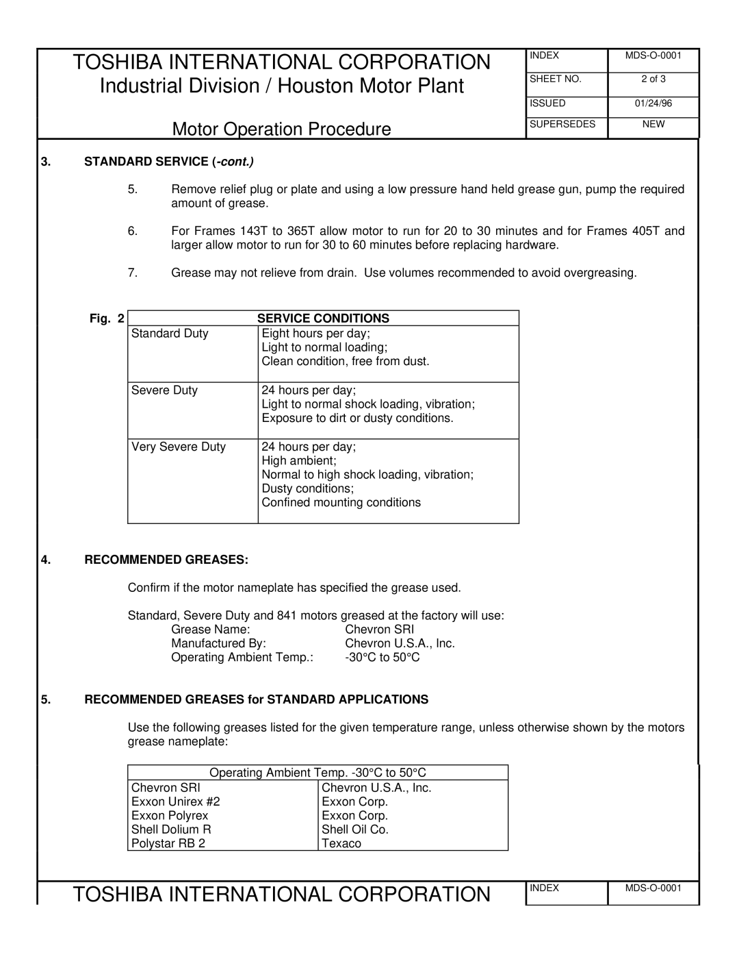 Toshiba Air Conditioner manual Standard Service -cont, Service Conditions, Recommended Greases 