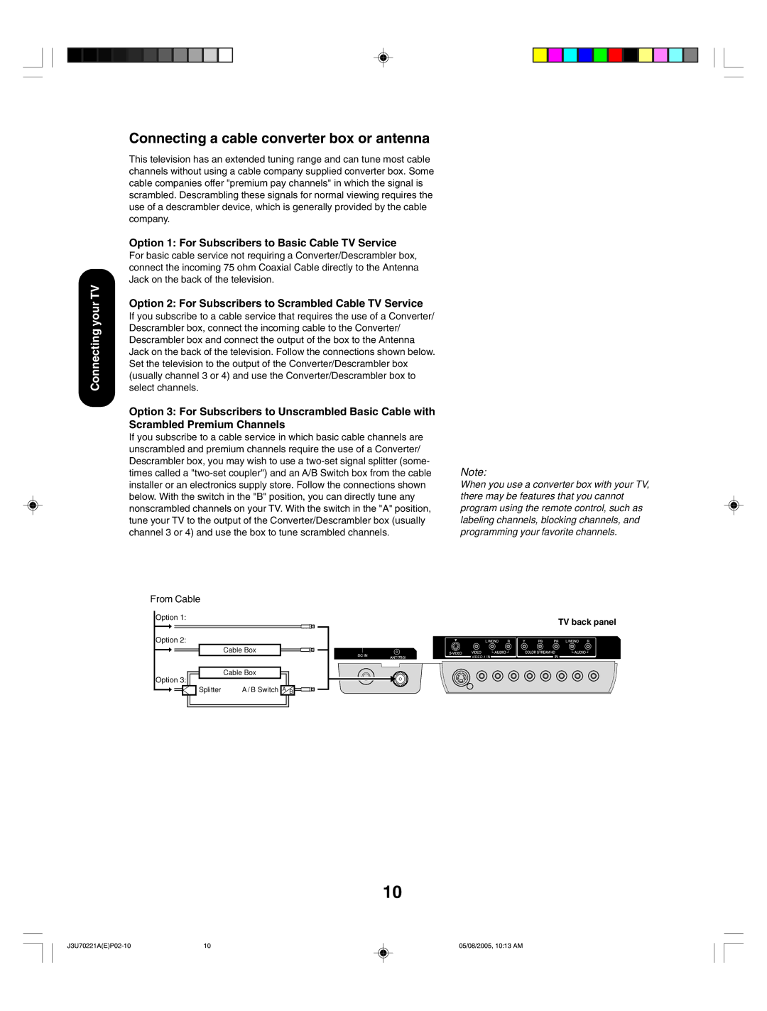 Toshiba AM40 appendix Connecting a cable converter box or antenna, Option 1 For Subscribers to Basic Cable TV Service 