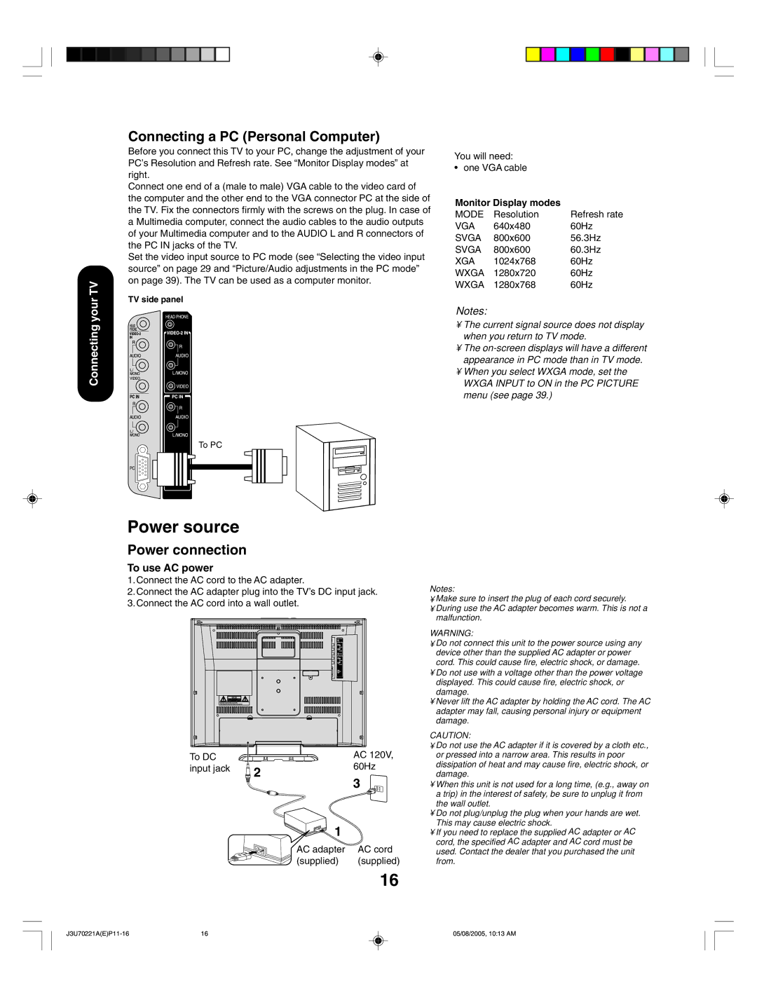 Toshiba AM40 appendix Connecting a PC Personal Computer, Power connection, To use AC power, Monitor Display modes 