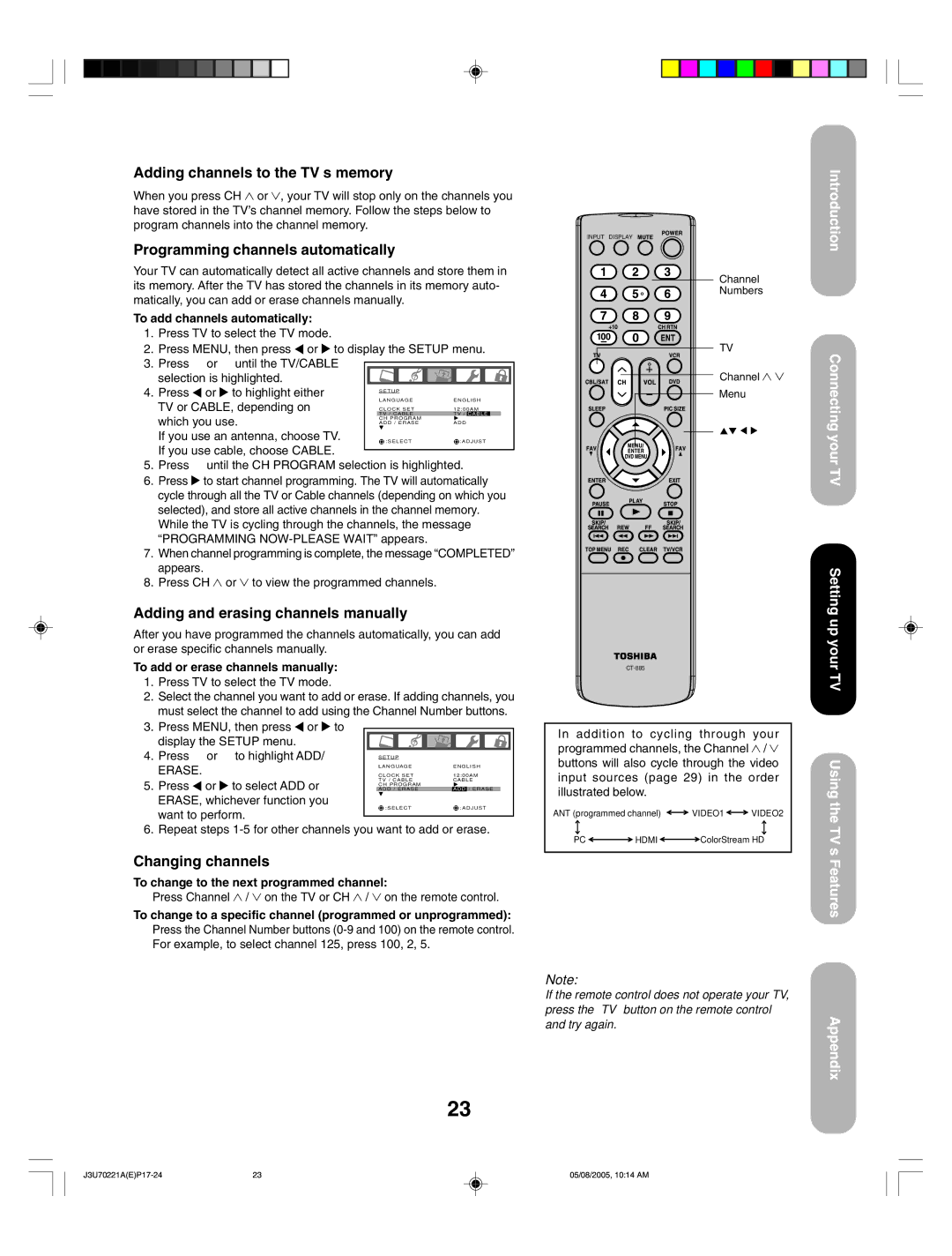 Toshiba AM40 Adding channels to the TV’s memory, Programming channels automatically, Adding and erasing channels manually 