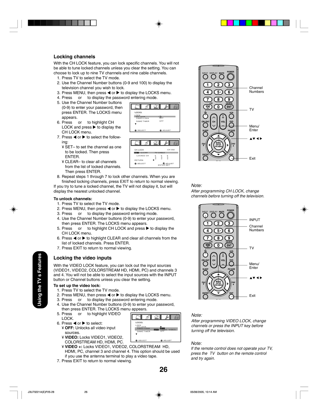 Toshiba AM40 appendix Locking channels, Locking the video inputs 