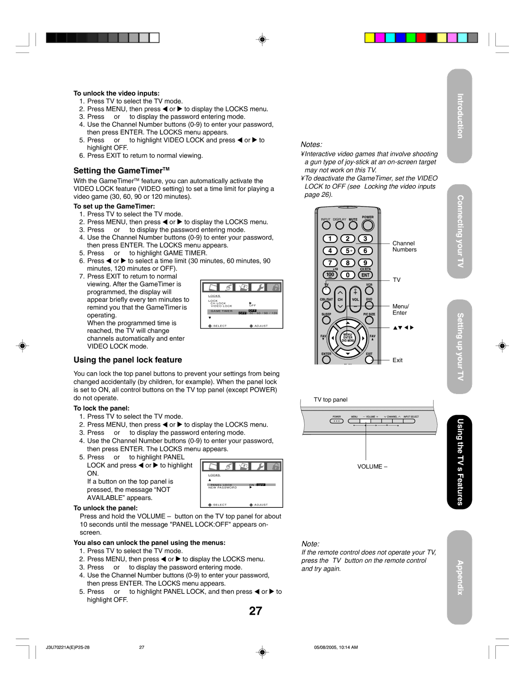 Toshiba AM40 appendix Setting the GameTimerTM, Using the panel lock feature 