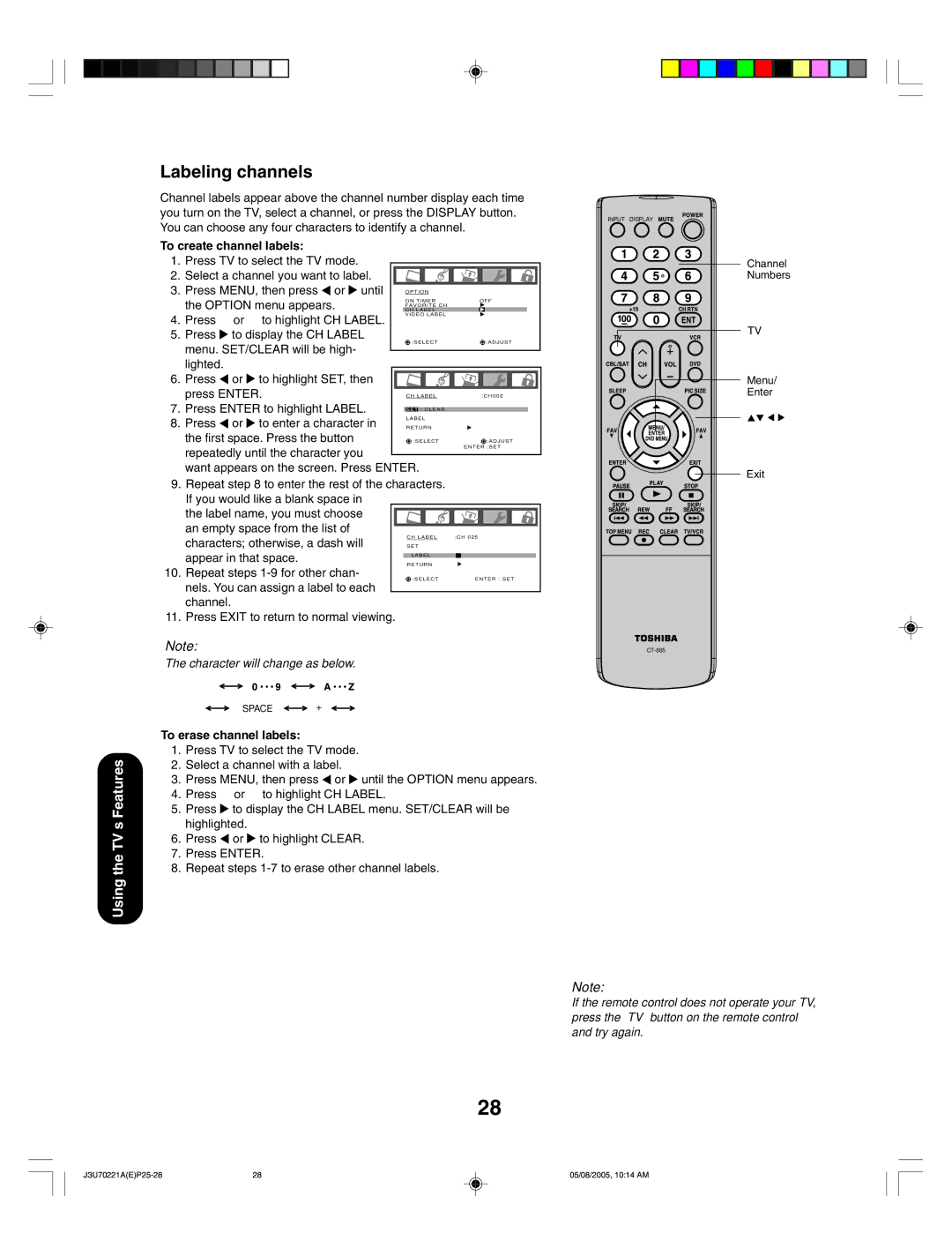 Toshiba AM40 appendix Labeling channels, To create channel labels, To erase channel labels 