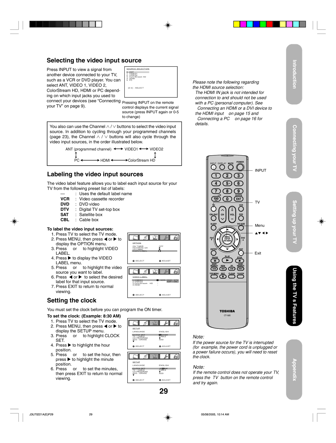 Toshiba AM40 appendix Selecting the video input source, Labeling the video input sources, Setting the clock 