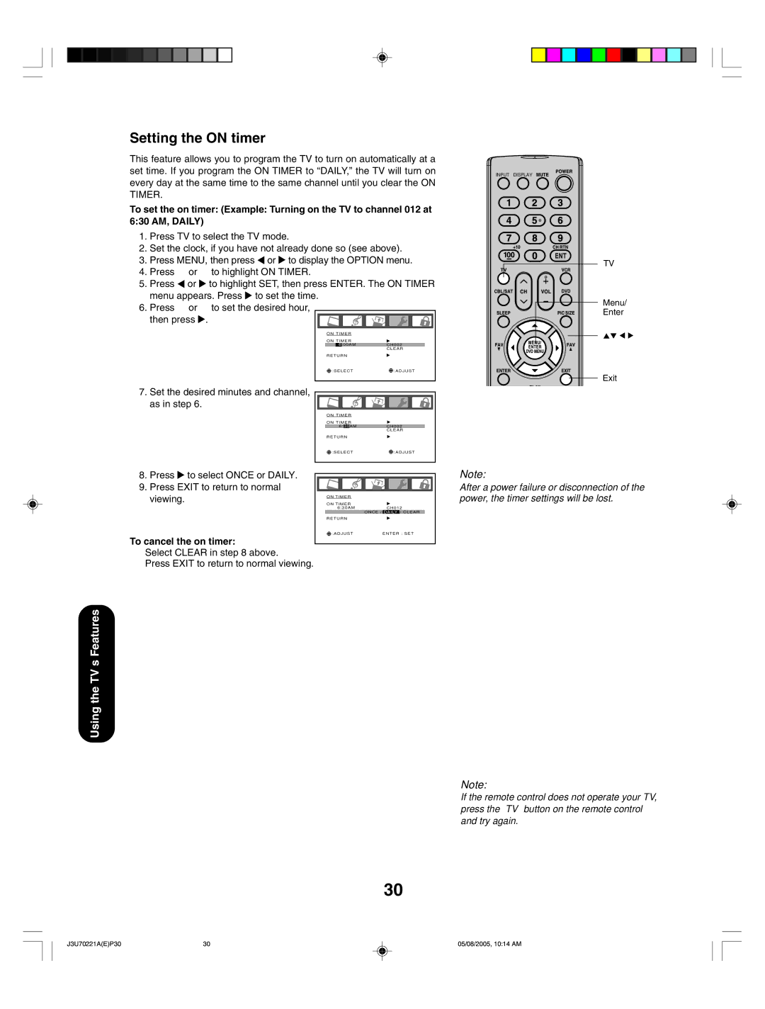 Toshiba AM40 appendix Setting the on timer, Timer, To cancel the on timer 