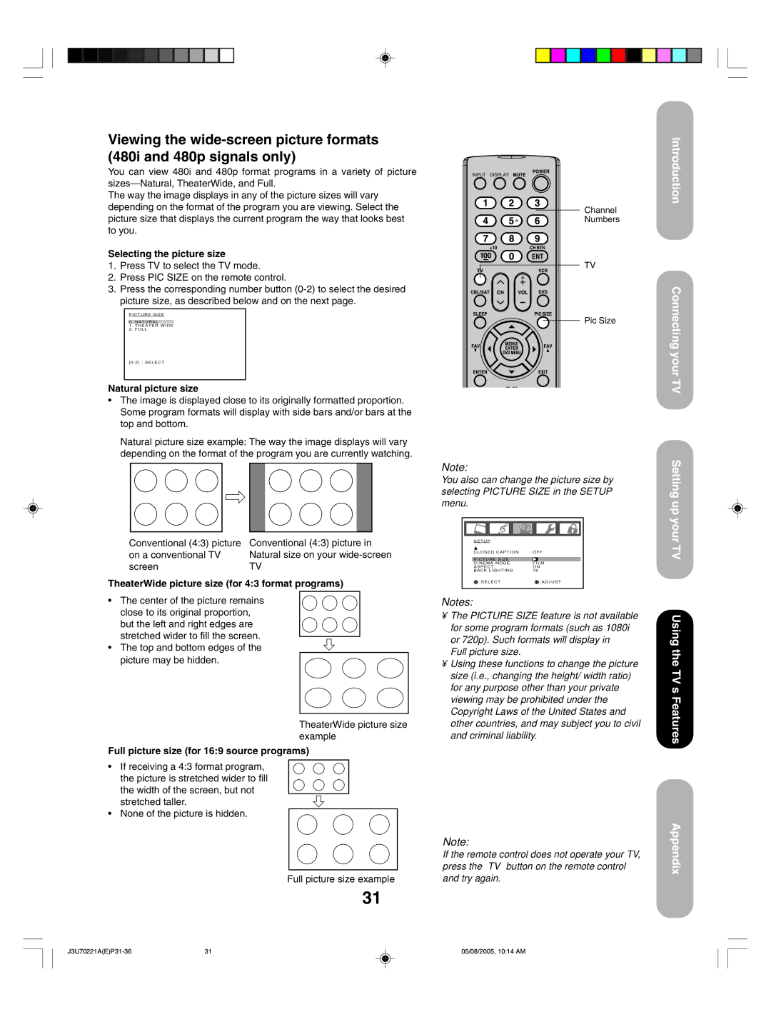 Toshiba AM40 appendix Selecting the picture size, Natural picture size, TheaterWide picture size for 43 format programs 