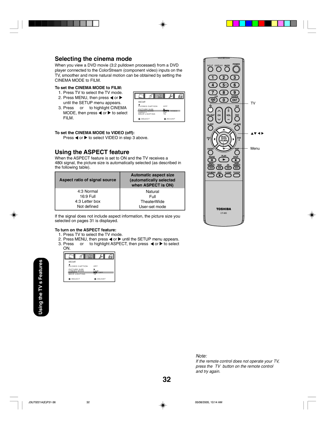 Toshiba AM40 appendix Selecting the cinema mode, Using the Aspect feature, To set the Cinema Mode to Film 