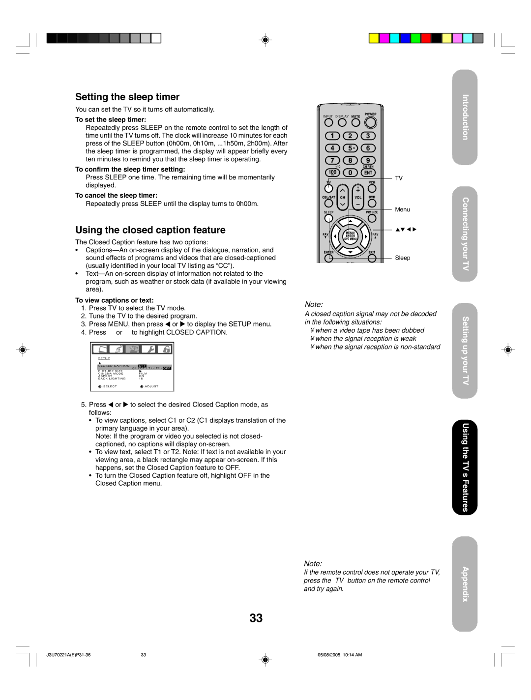 Toshiba AM40 appendix Setting the sleep timer, Using the closed caption feature 