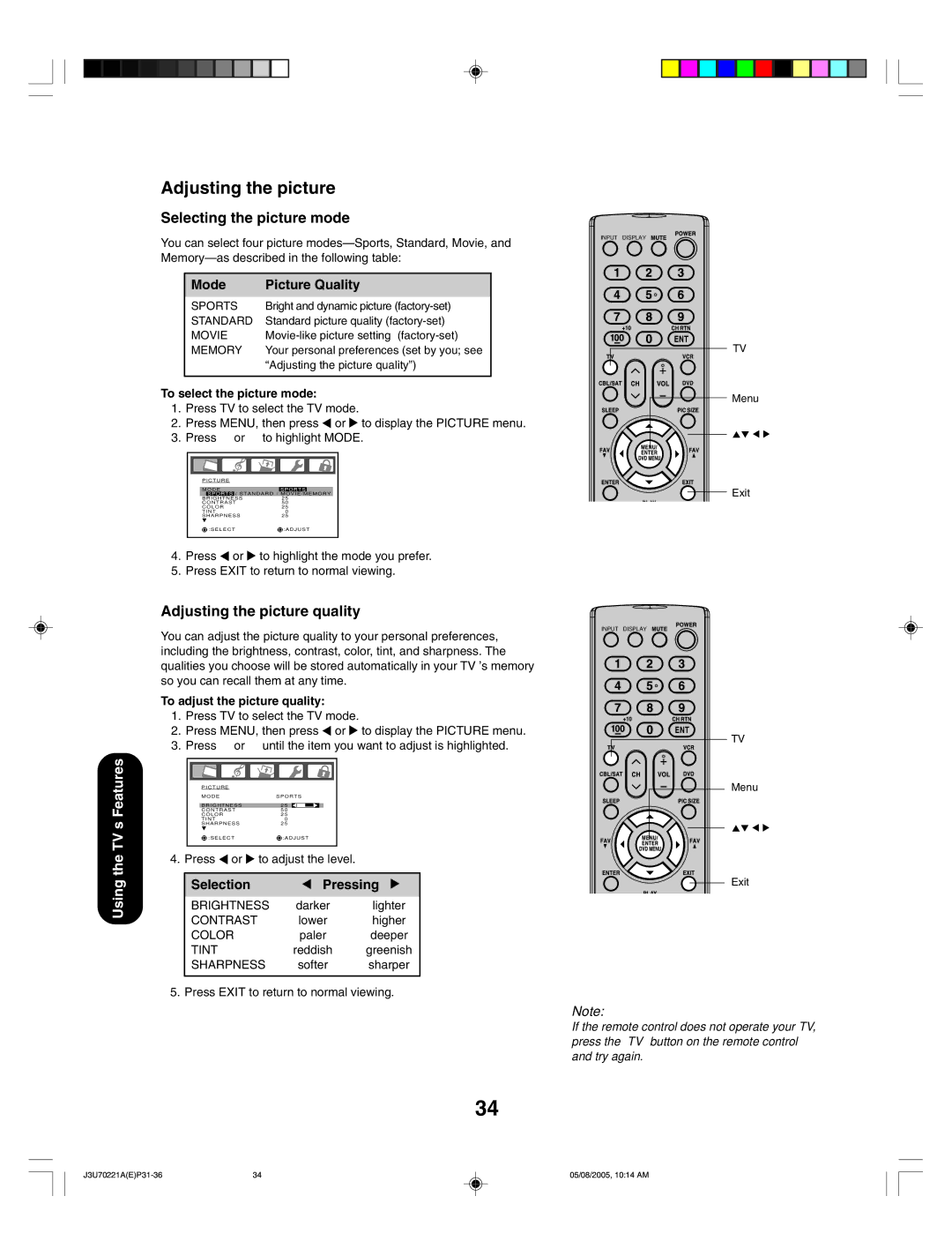 Toshiba AM40 Selecting the picture mode, Adjusting the picture quality, Mode Picture Quality, Selection Pressing 