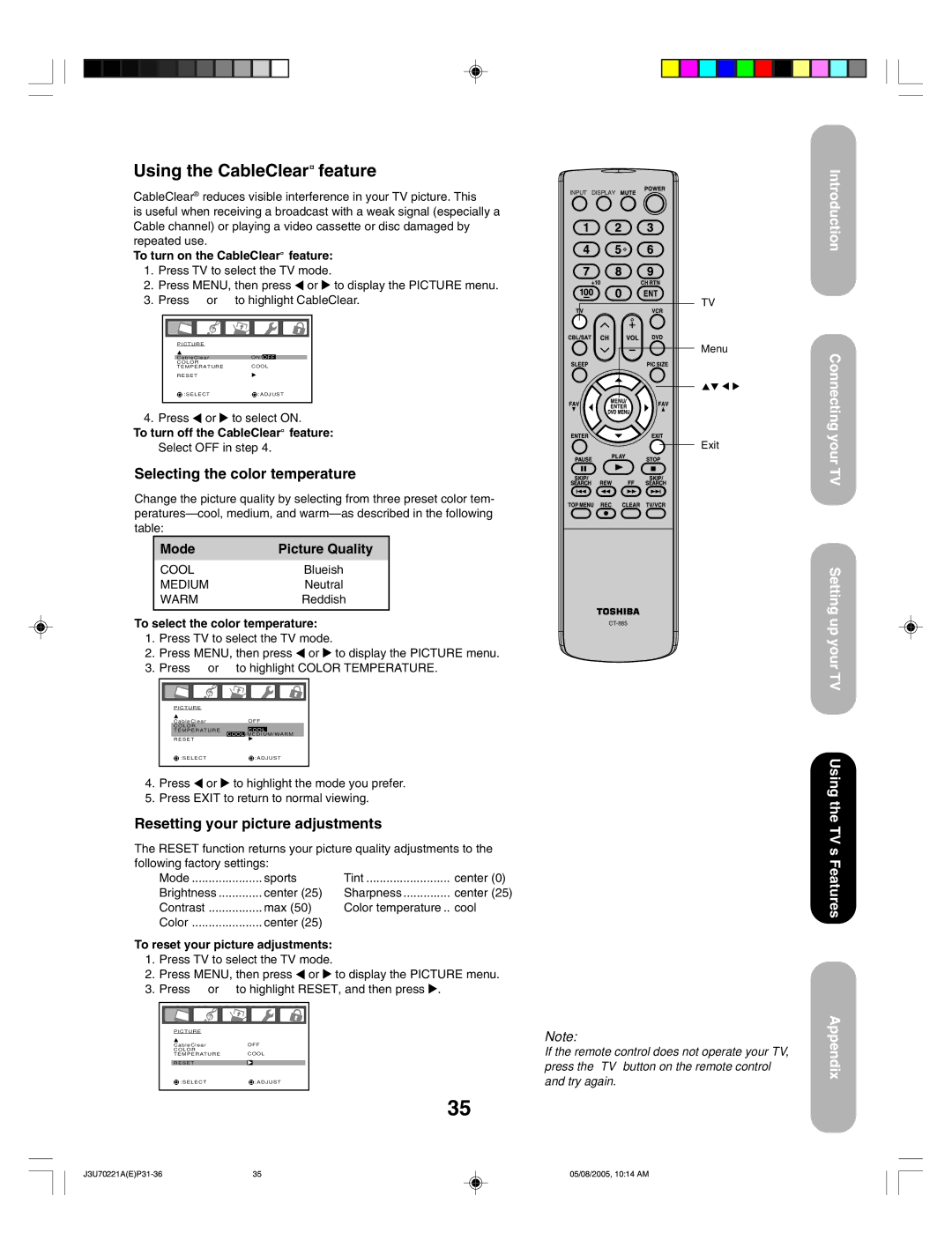 Toshiba AM40 appendix Using the CableClear feature, Selecting the color temperature, Resetting your picture adjustments 