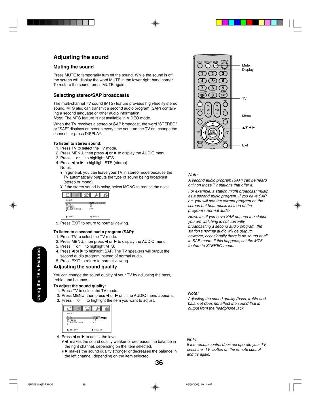 Toshiba AM40 appendix Muting the sound, Selecting stereo/SAP broadcasts, Adjusting the sound quality 