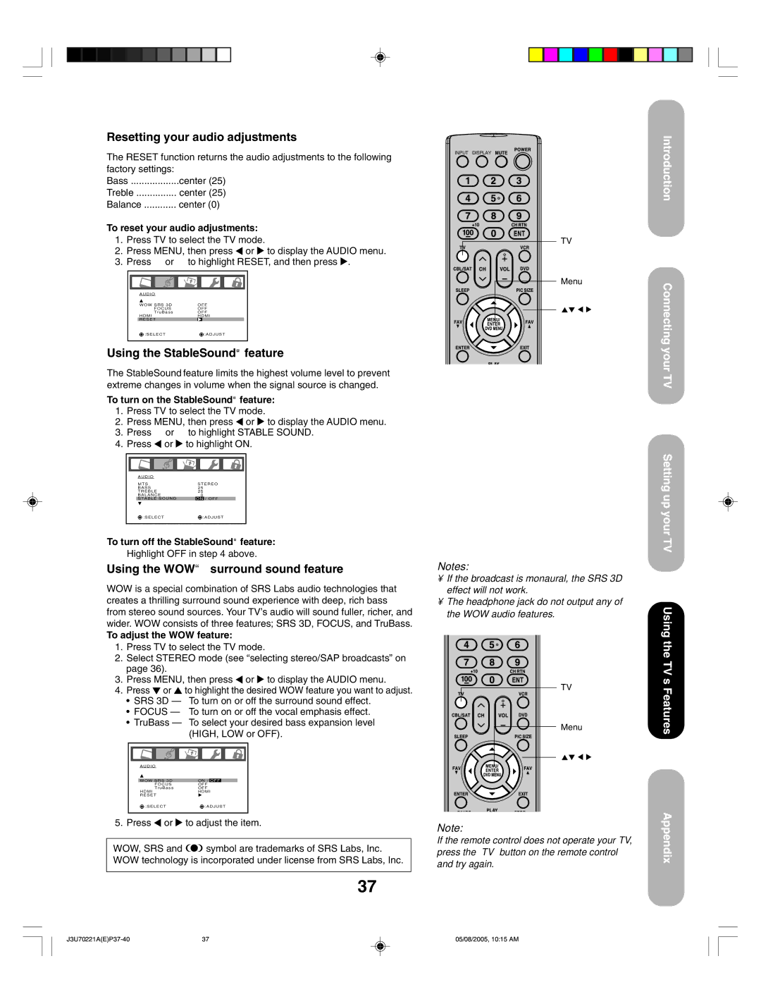 Toshiba AM40 appendix Resetting your audio adjustments, Using the StableSound feature, Using the WOW surround sound feature 