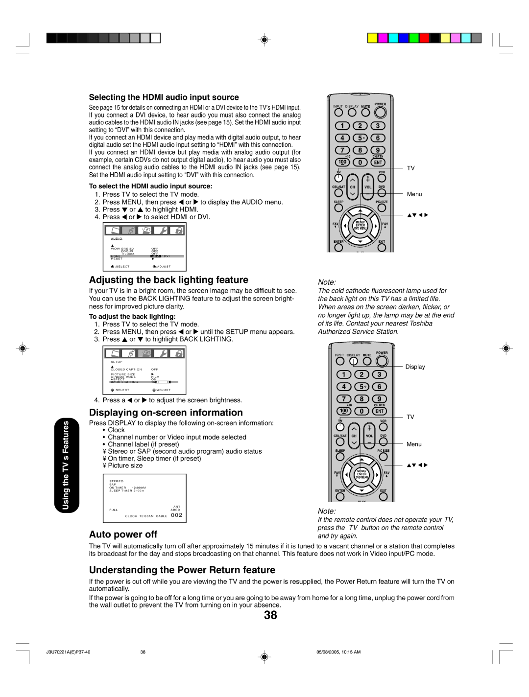 Toshiba AM40 appendix Adjusting the back lighting feature, Understanding the Power Return feature 