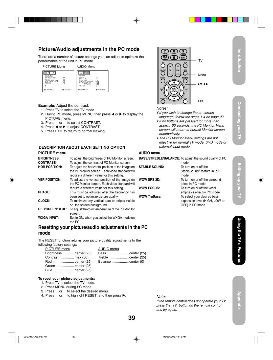 Toshiba AM40 appendix Picture/Audio adjustments in the PC mode, Resetting your picture/audio adjustments in the PC mode 