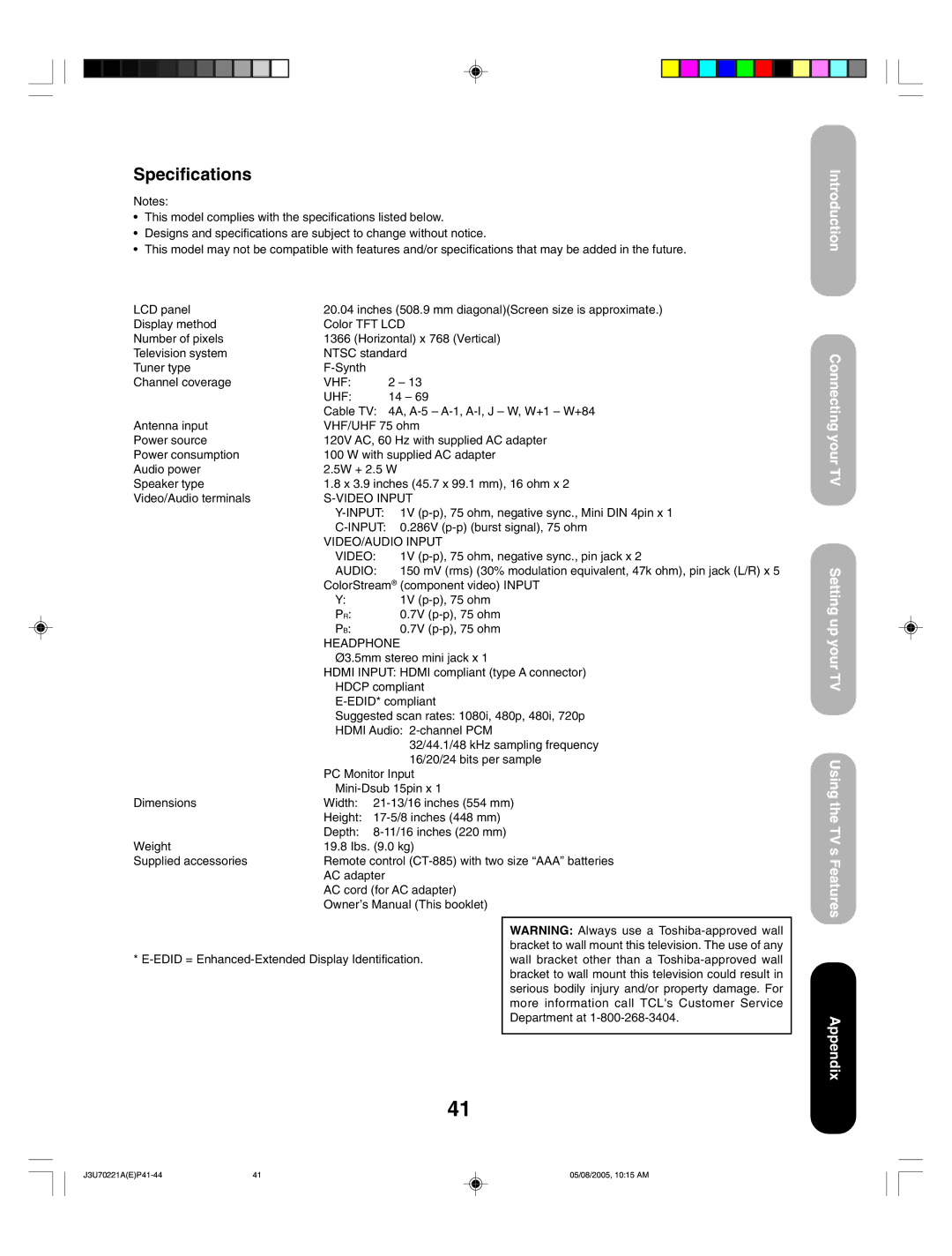 Toshiba AM40 appendix Specifications 