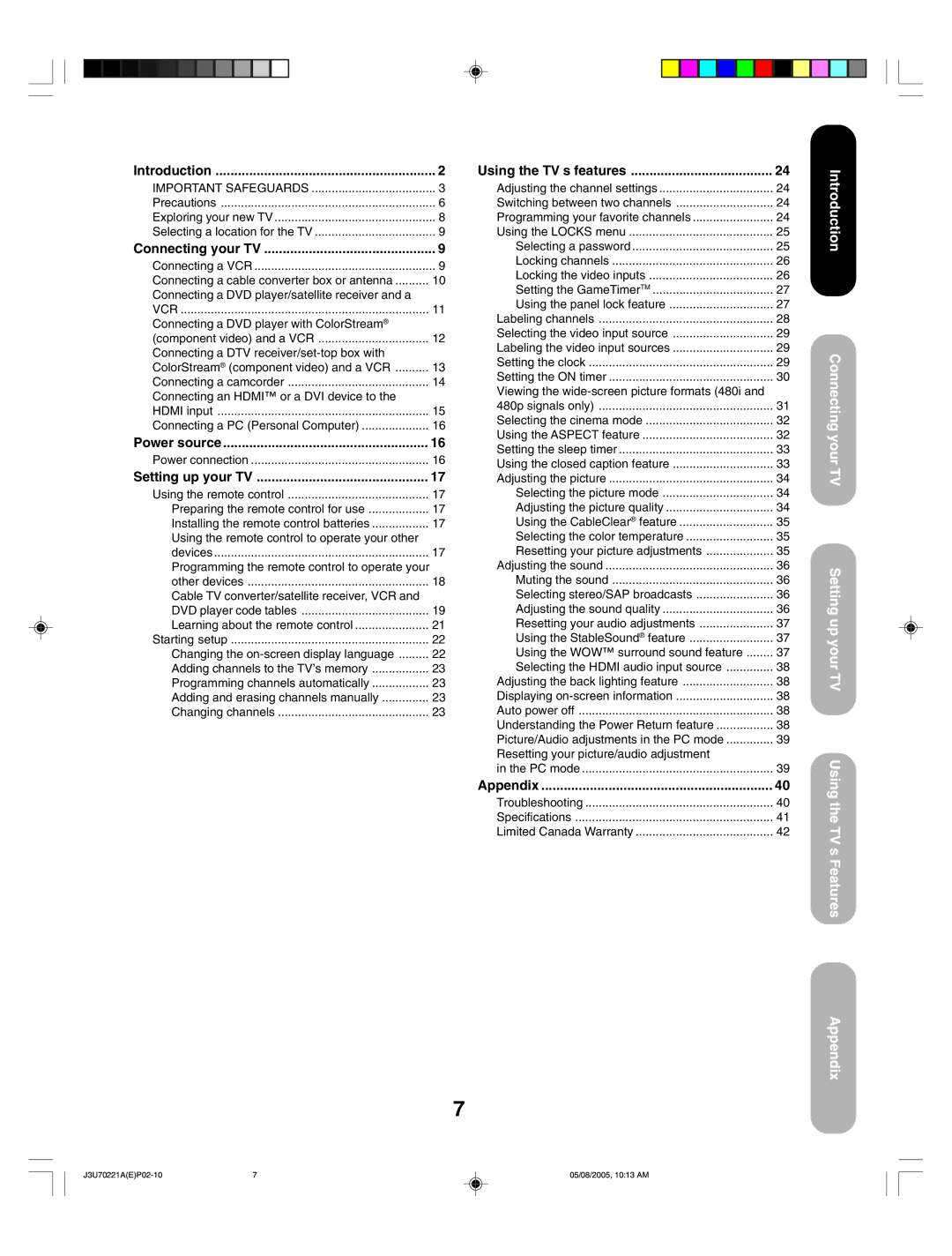 Toshiba AM40 appendix Introduction, Connecting your TV, Power source, Setting up your TV, Using the TV’s features, Appendix 