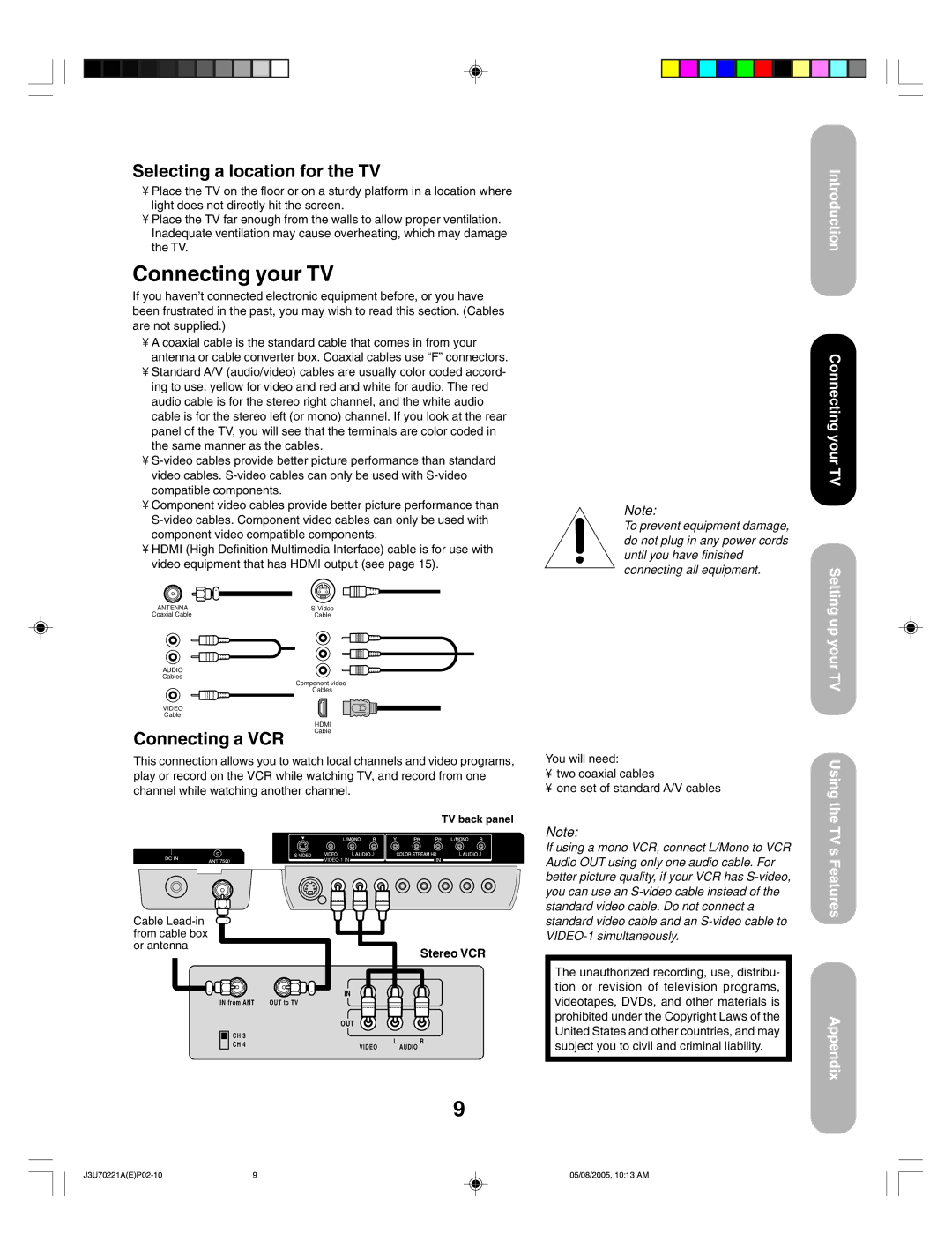 Toshiba AM40 appendix Selecting a location for the TV, Connecting a VCR, Stereo VCR 