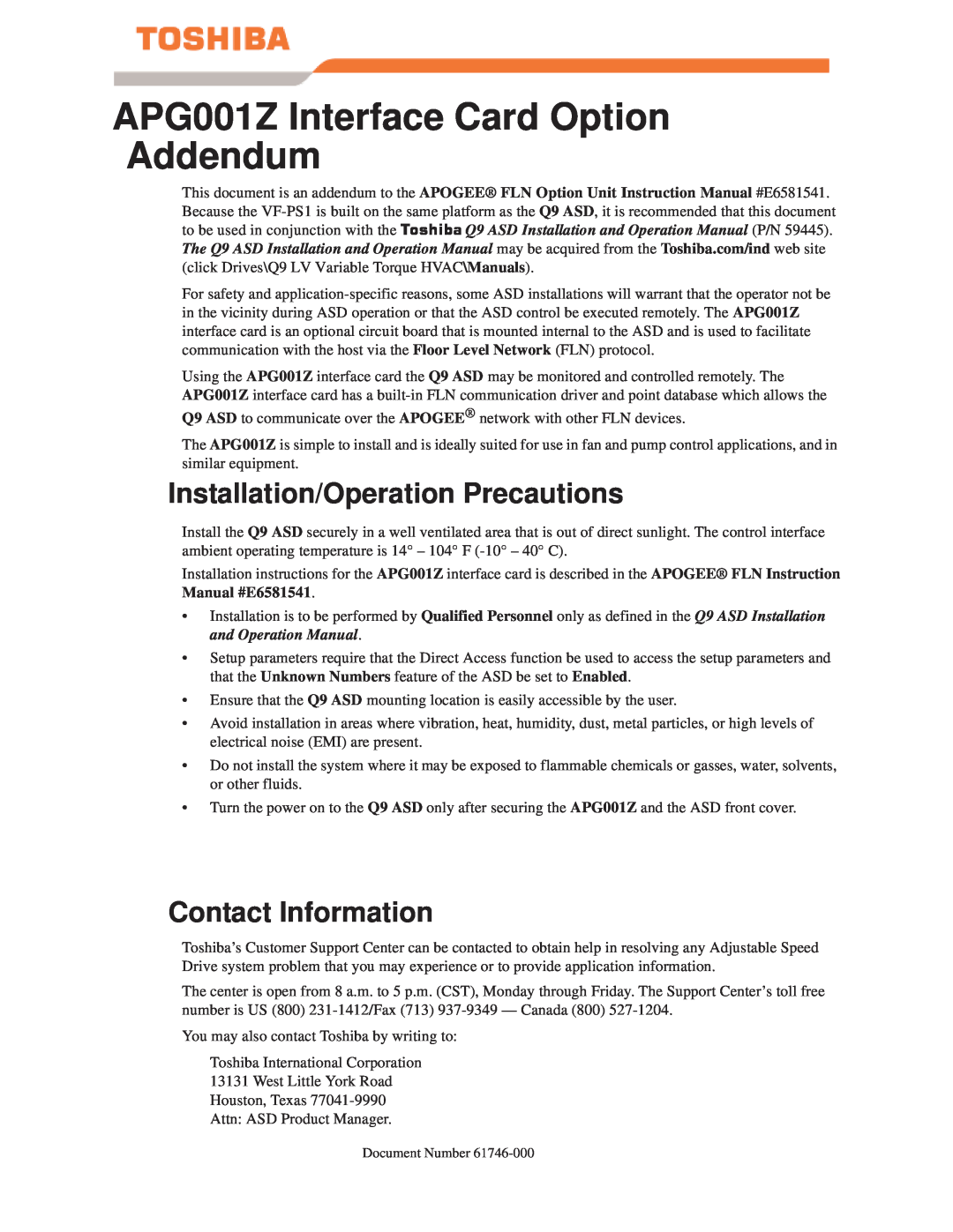 Toshiba instruction manual APG001Z Interface Card Option Addendum, Installation/Operation Precautions 