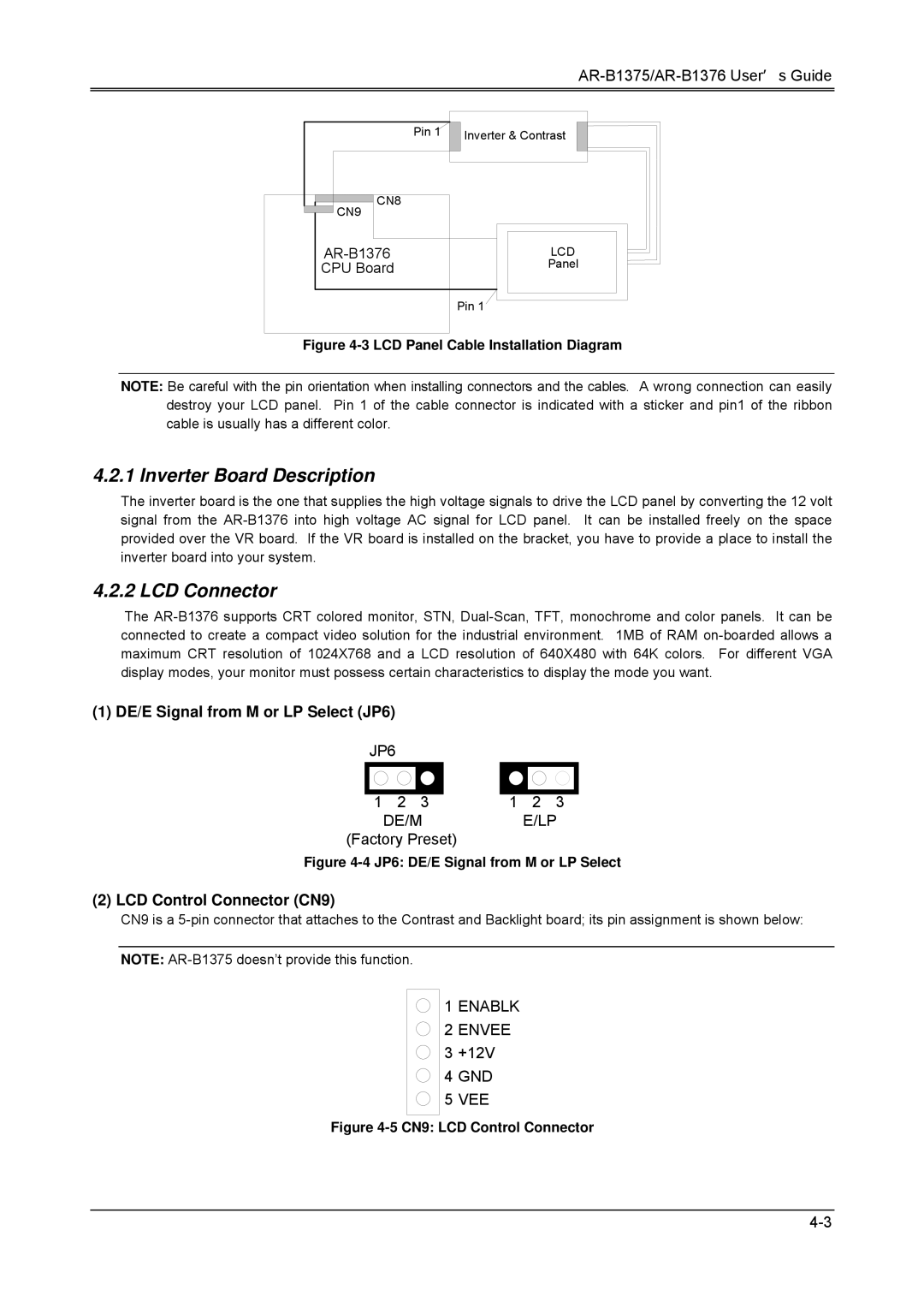 Toshiba AR-B1375, AR-B1376, 386SX manual Inverter Board Description, LCD Connector, DE/E Signal from M or LP Select JP6 JP6 